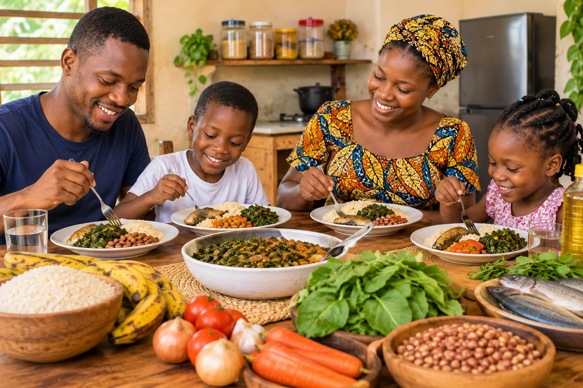 Famille africaine partageant un repas équilibré à la maison