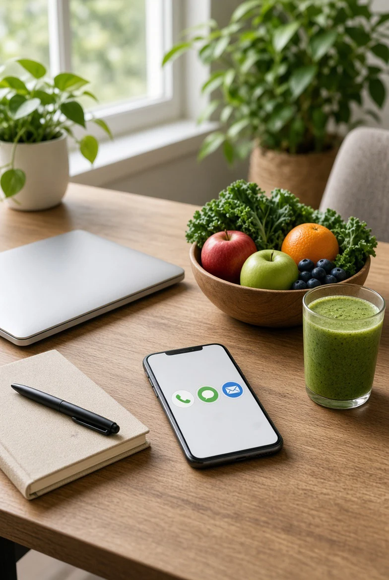 Téléphone, fruits et smoothie sur un bureau