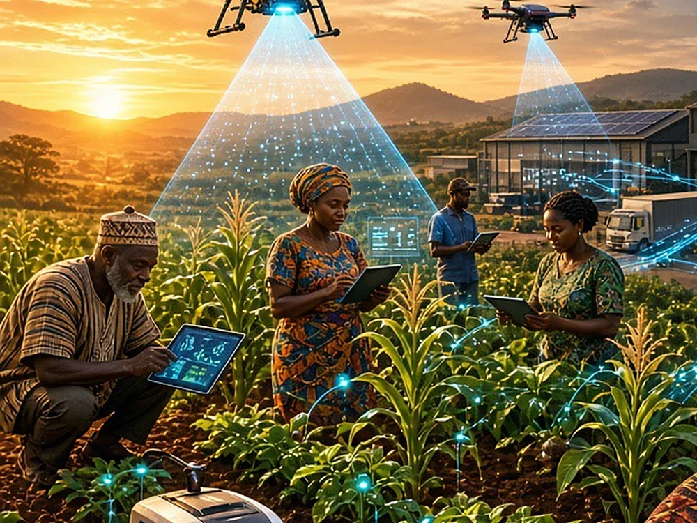Agriculteurs utilisant des tablettes dans un champ, survolé par des drones