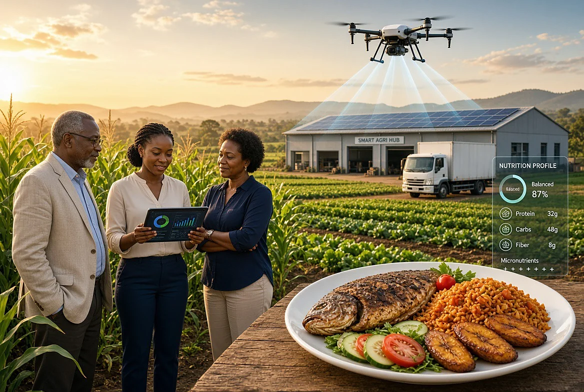 Agriculteurs consultant une tablette dans un champ, avec un drone, un entrepôt et un plat équilibré