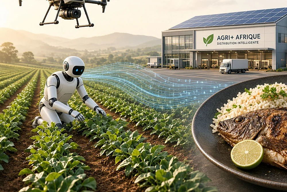 Champ, drone et entrepôt de distribution alimentés par l'énergie solaire