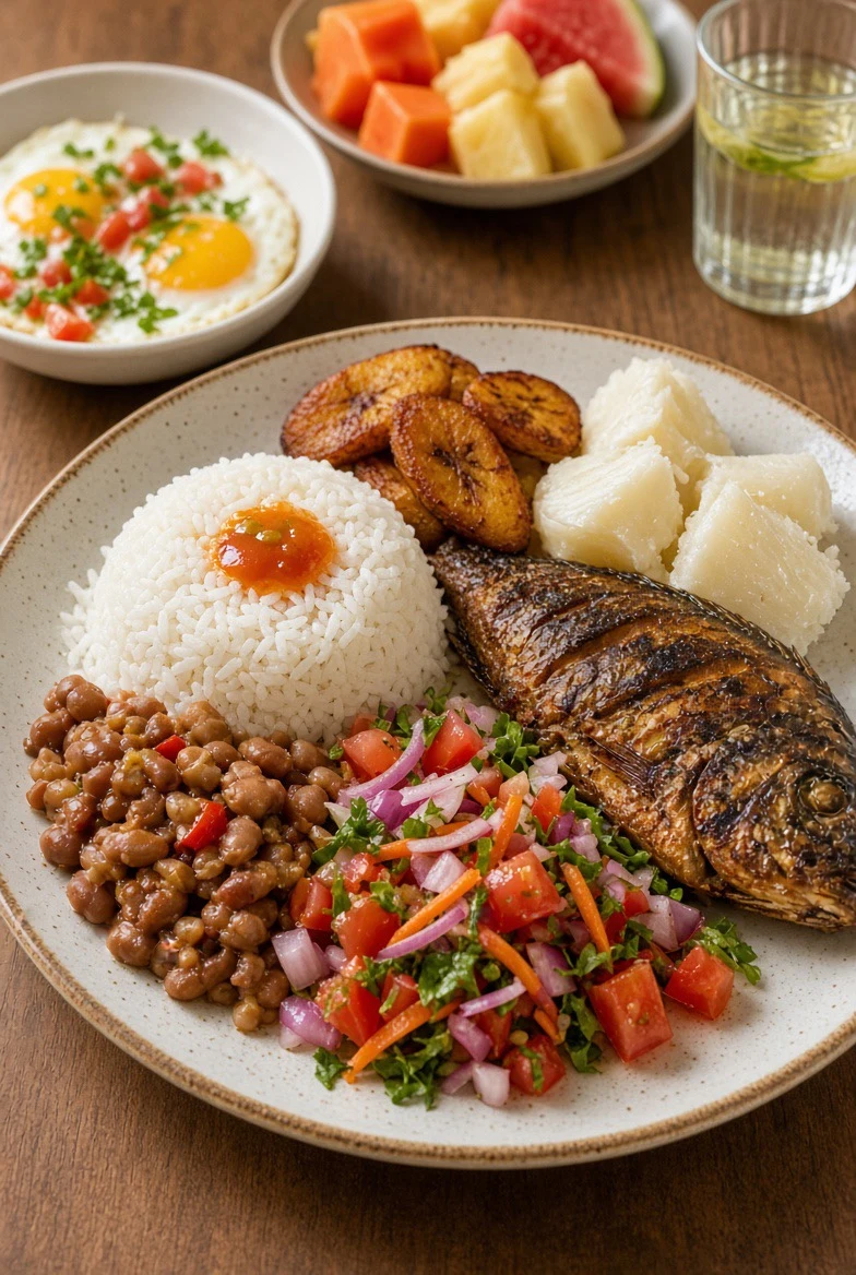 Assiette équilibrée avec poisson braisé, haricots, riz, igname, alloco et crudités